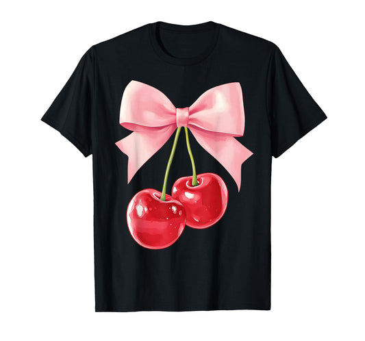 Cute Pink Coquette Bow Cherry Retro Women Teens Kids Girls T-Shirt