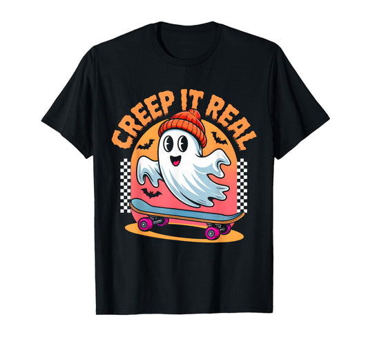Creep It Real Halloween Skateboard Ghost Kids Boys Teens T-Shirt
