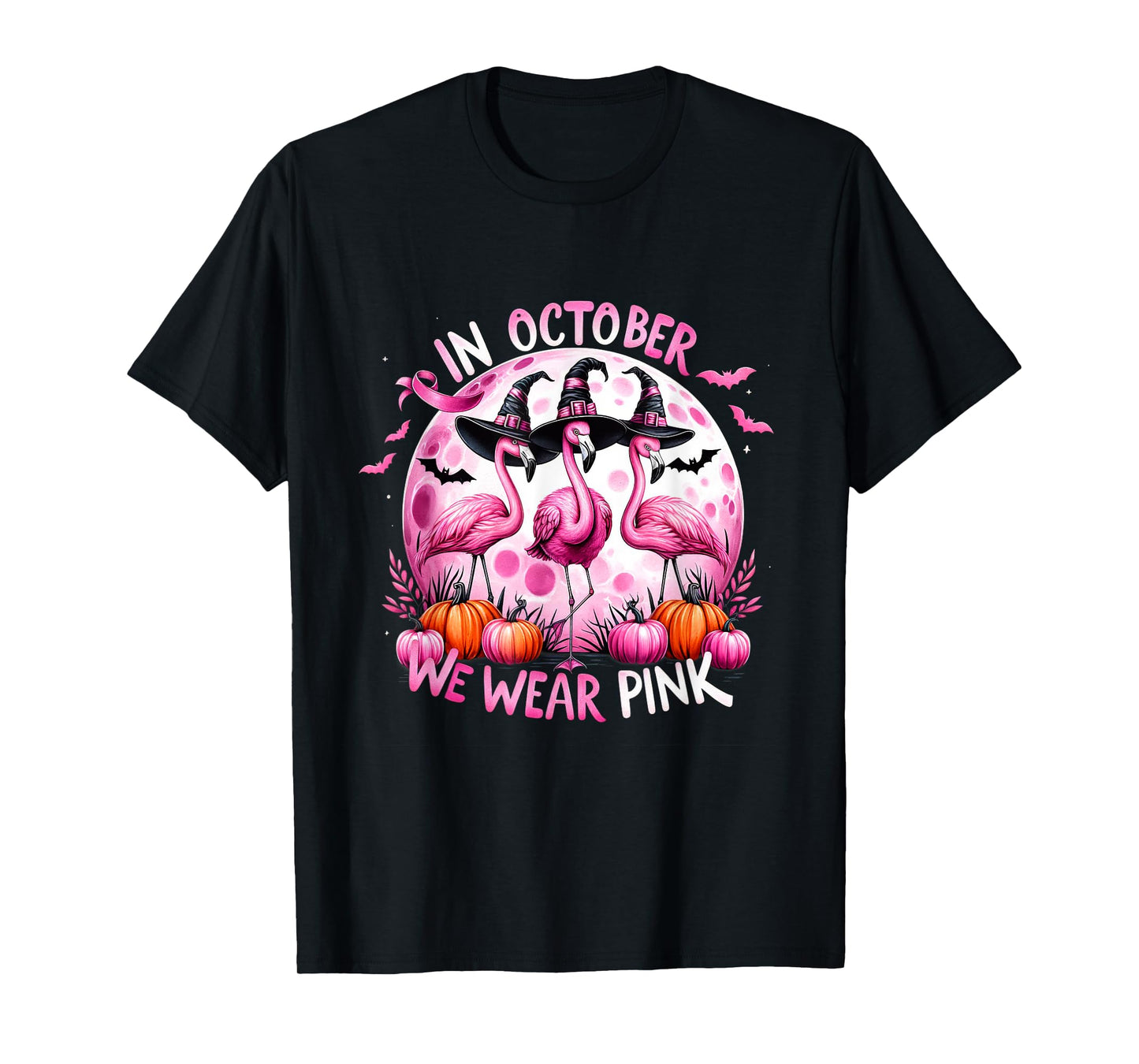 Flamingo In October We Wear Pink Breast Cancer Halloween T-Shirt