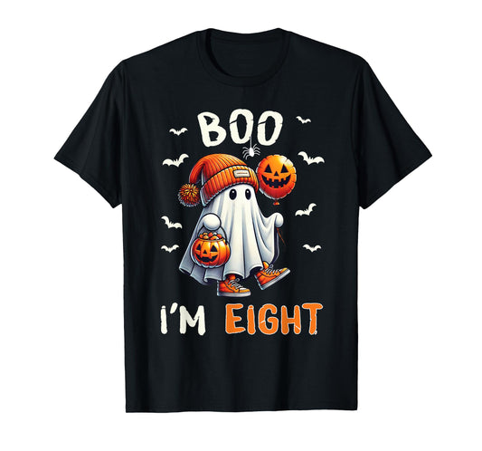 Boo I'm Eight Ghost 8th Birthday Halloween Boy Kids Groovy T-Shirt