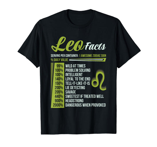 Leo Facts Traits Horoscope Zodiac Astrological Sign Funny T-Shirt, Small, Black