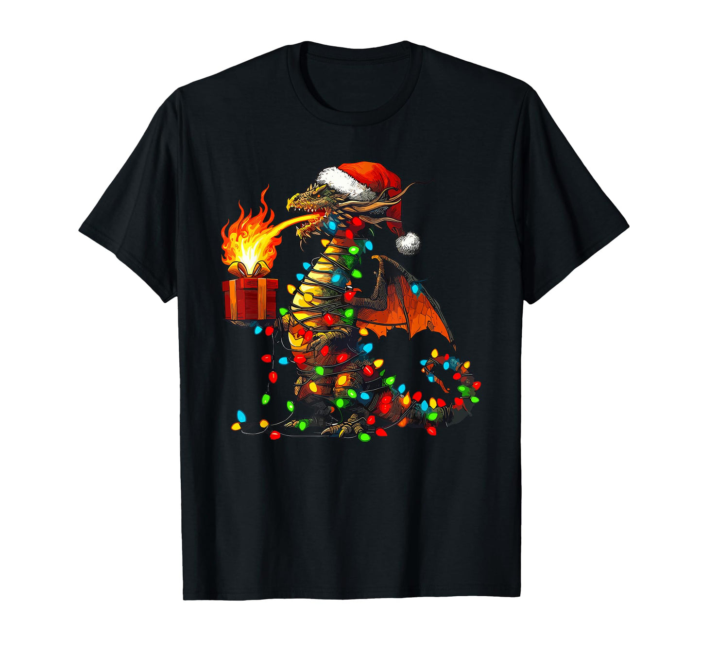 Dragon Wearing Santa Hat, Holding A Present Box Xmas T-Shirt