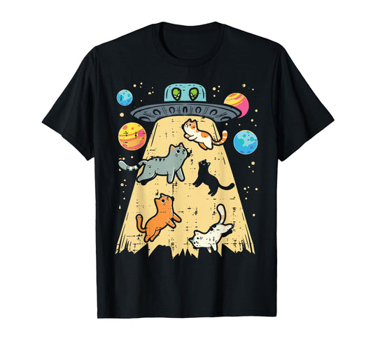 Alien Abduction Cats UFO Flying Saucer Space Women Girls Kid T-Shirt