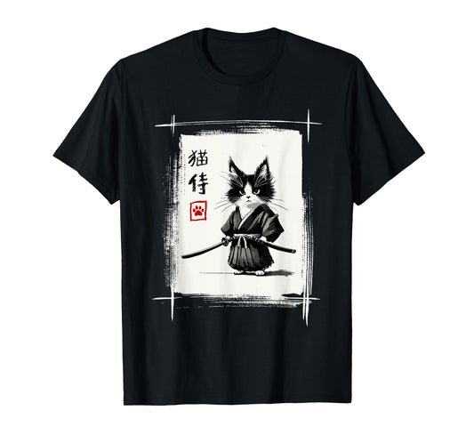 Samurai Cat Japanese Art Sumi-e Novelty Kawaii Funny Cat Men Women Girls Kids T-Shirt