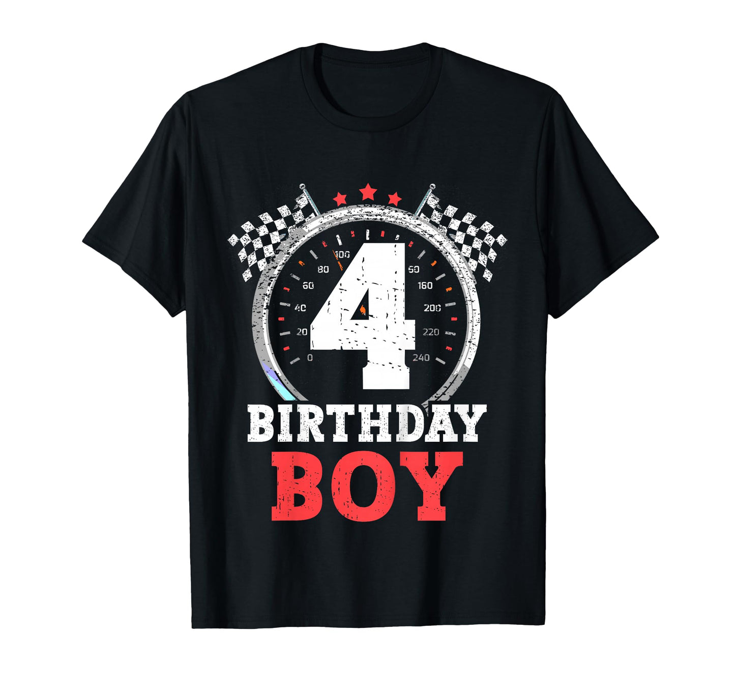 Kids 4th Birthday Boy 4 Fourth Race Car Birthday Racing Car Flag T-Shirt