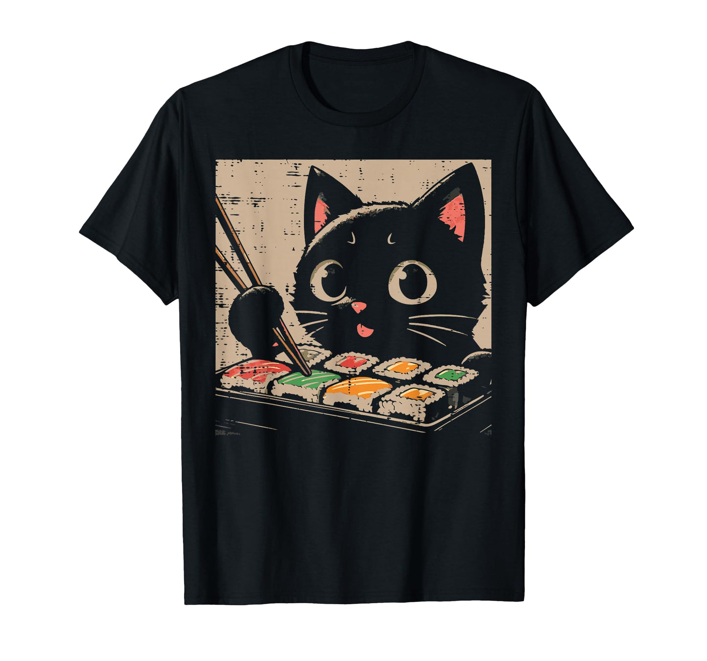 Black Cat Eating Sushi Kawaii Japanese Food Women Girls Kids T-Shirt