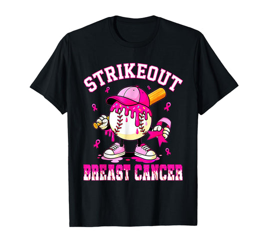 Strike Out Breast Cancer Awareness Baseball Drip Pink Ribbon T-Shirt