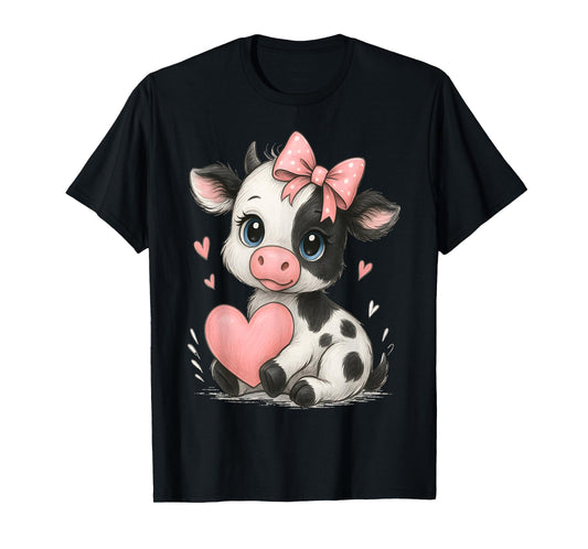Adorable Baby Cow With Pink Coquette Bow Holding Heart T-Shirt
