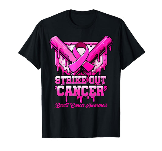 Strike Out Breast Cancer Awareness Baseball Drip Pink Ribbon T-Shirt
