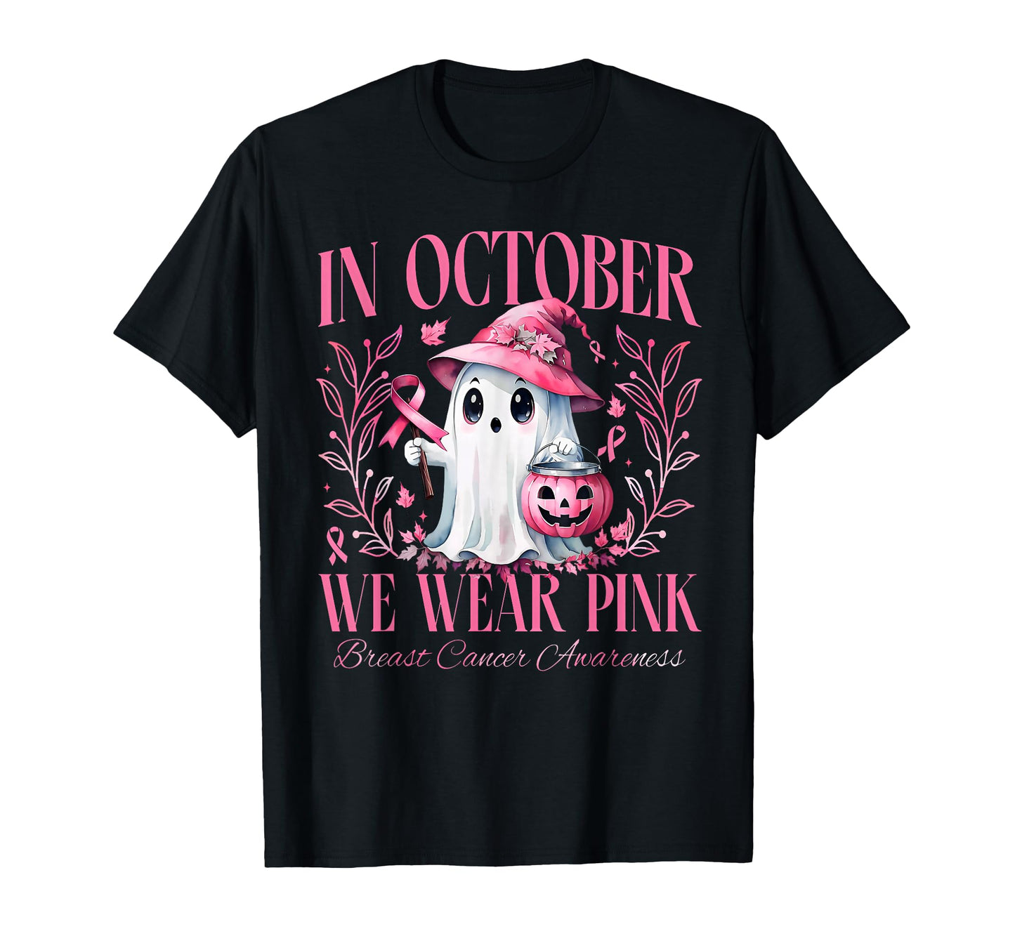 In October We Wear Pink Breast Cancer Awareness Ghost Ribbon T-Shirt