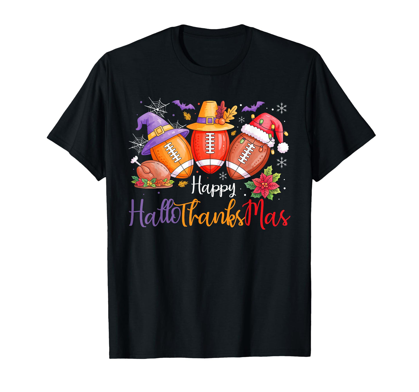Happy Hallothanksmas Football Halloween Thanksgiving Xmas T-Shirt