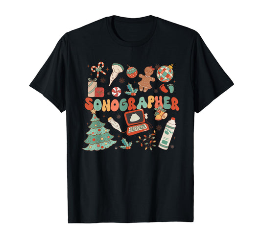 Groovy Retro Sonographer Christmas Ultrasound Tech Cardiac T-Shirt