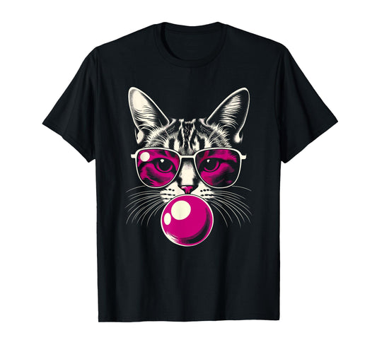 Cat in Pink Glasses Pink Bubble Men Women Kids Funny Cat T-Shirt