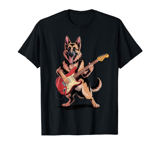 Funny German Shepherd Dog Playing Guitar Cool Dog Music Rock T-Shirt
