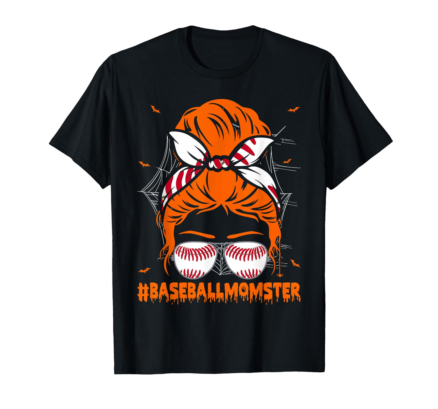 Baseball Momster for Women Halloween Mom Messy Bun T-Shirt