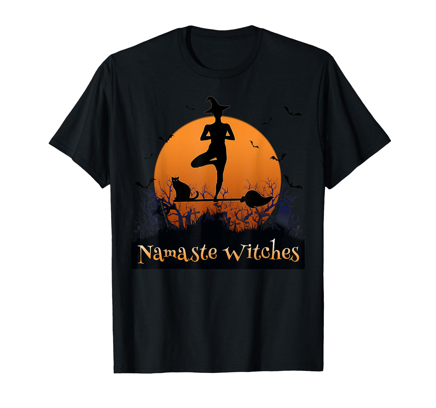 Yoga Lovers Namaste Witches Full Moon Cemetery Halloween T-Shirt