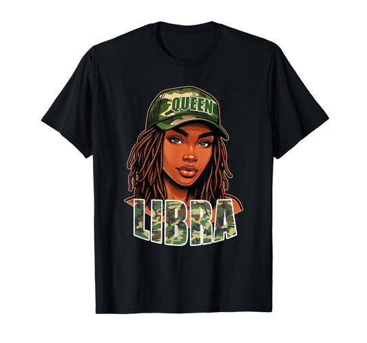 Libra Queen Black Woman Camo Hat Locs Birthday T-Shirt