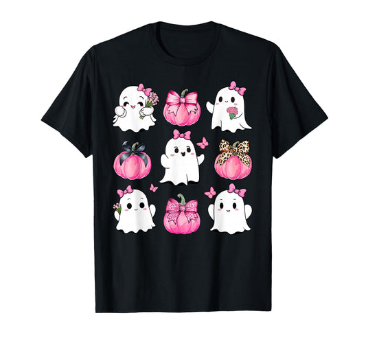 Cute Ghost Florals Pink Coquette Bows Pumpkins Halloween T-Shirt