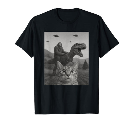 Cat Selfie with Bigfoot Riding T-rex Dinosaur Alien UFO Men Women Kids T-Shirt