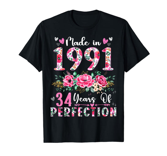 34 Year Old Made In 1991 Floral 34th Birthday Women T-Shirt