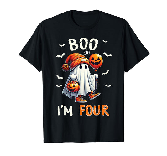 Boo I'm Four Ghost 4th Birthday Halloween Boy Kids Groovy T-Shirt
