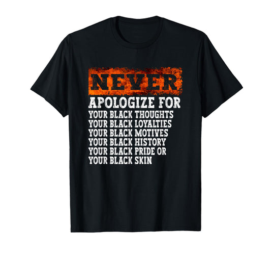 Never Apologize Black History Month BLM Melanin Pride Africa T-Shirt