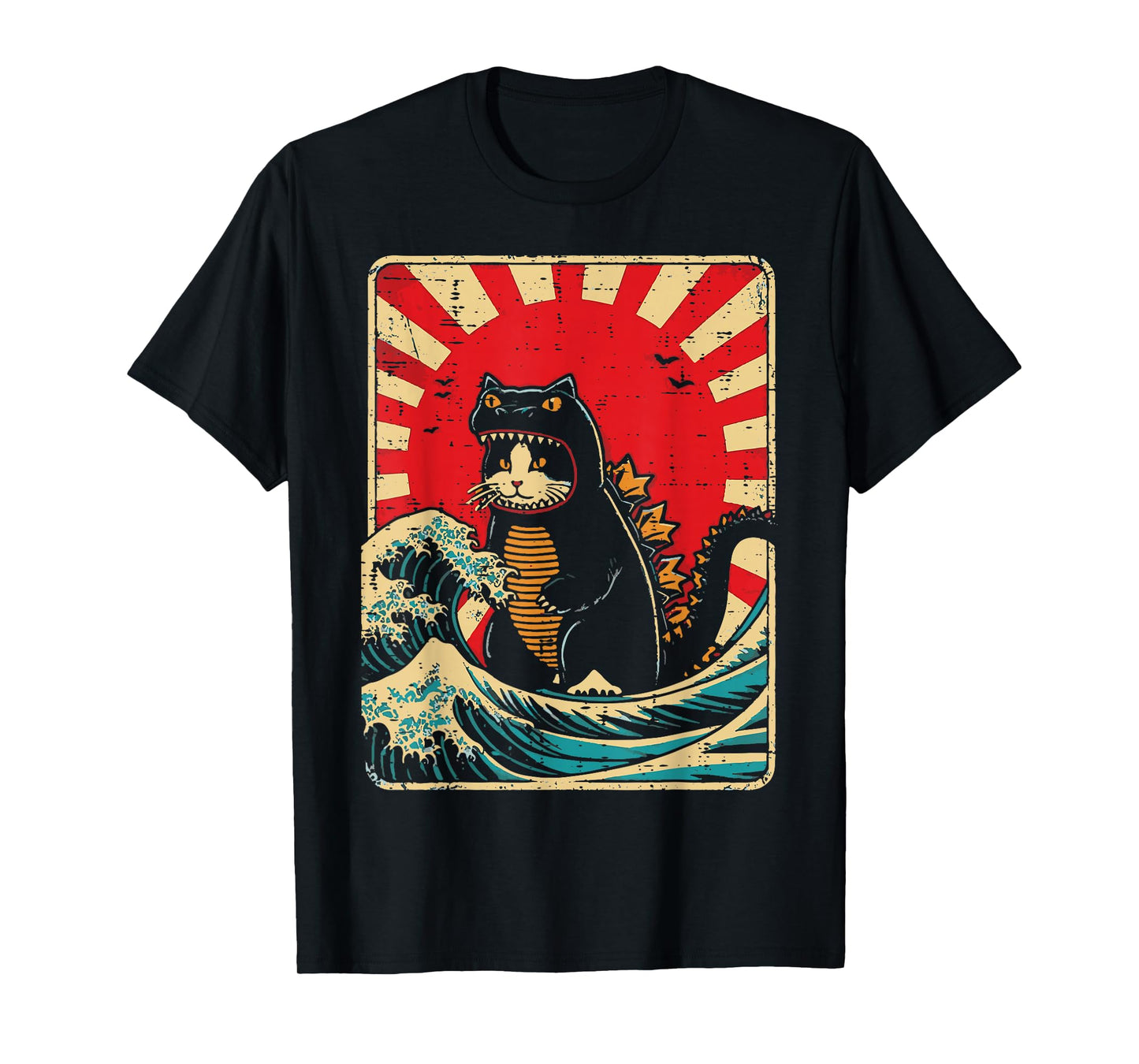 Cat Monster Waves Red Sun Japanese Catzilla Women Men Kids T-Shirt