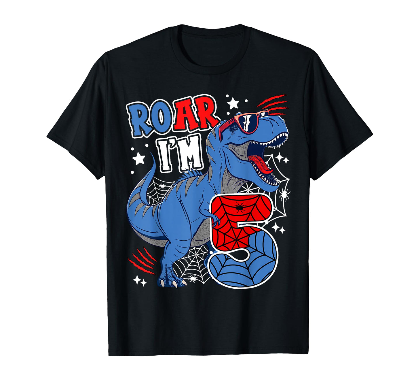 Dinosaur 5th Birthday Spider Theme Party 5 Years Boy Kids T-Shirt