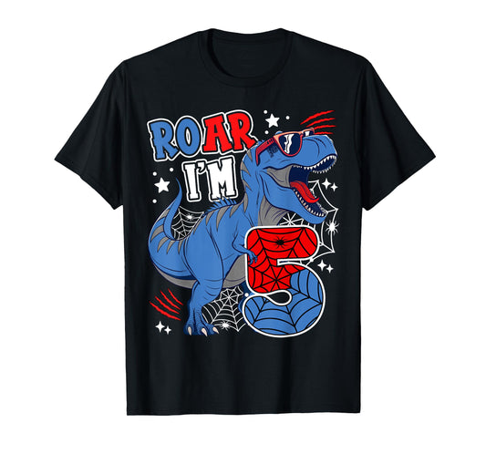 Dinosaur 5th Birthday Spider Theme Party 5 Years Boy Kids T-Shirt