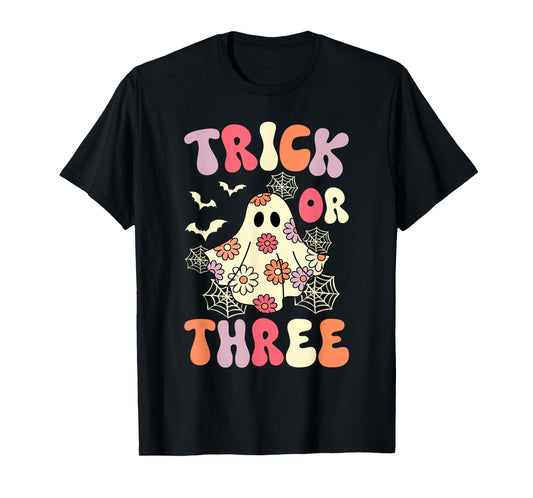 Trick Or Three 3 Years Old Birthday Groovy Ghost Halloween T-Shirt