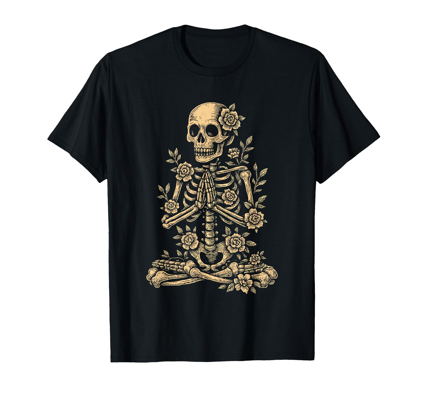 Halloween Yoga Skeleton Meditating Floral T-Shirt