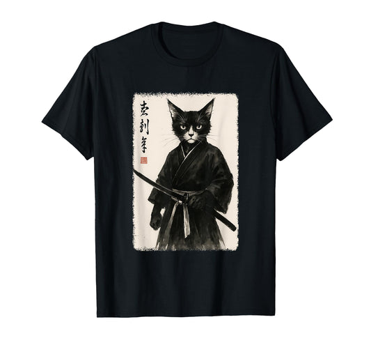 Samurai Cat Funny Vintage Japanese Graphic Art T-Shirt