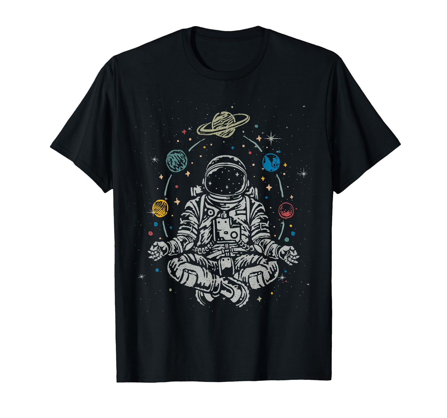Vintage Lotus Meditating Astronaut Zen Yoga Planets Universe T-Shirt