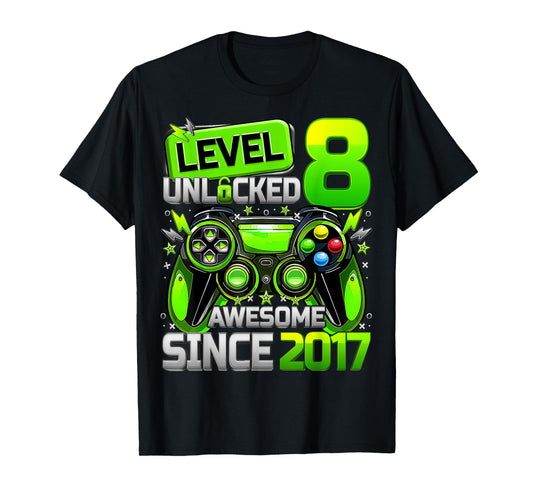 Level 8 Unlocked Awesome Since 2017 8th Birthday Gaming Kids T-Shirt