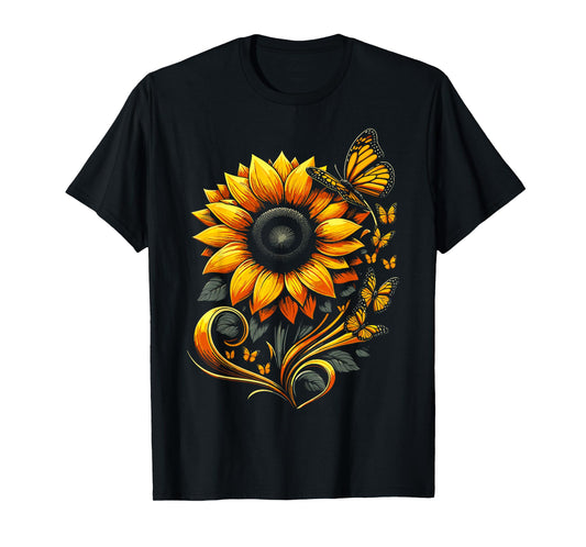 Sunflower Butterfly Floral Nature Art T-Shirt