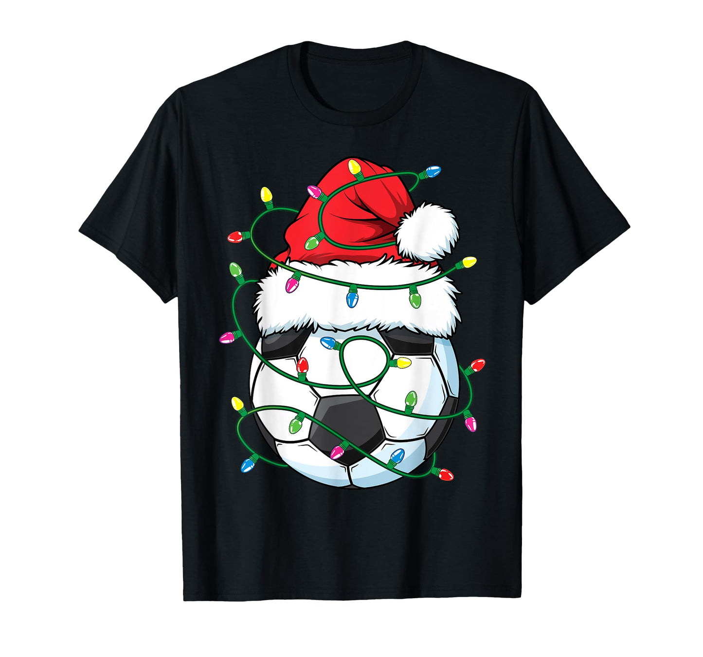 Funny Christmas Soccer Ball Santa Hat Xmas Lights Girls Boys T-Shirt