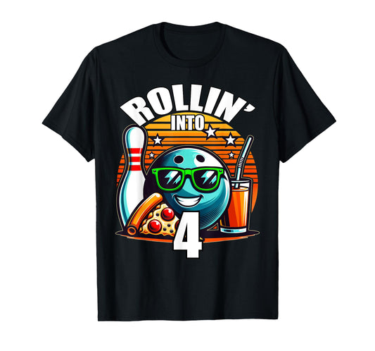 Rollin into 4 Bowling Birthday Party 4th Birthday Retro Kids T-Shirt