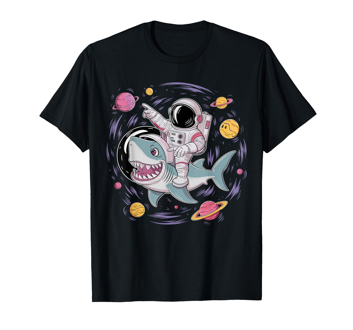 Astronaut Riding Shark Birthday Party in Outer Space T-Shirt