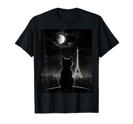 Aesthetic Black Cat Star Night Eiffel Tower In Paris T-Shirt