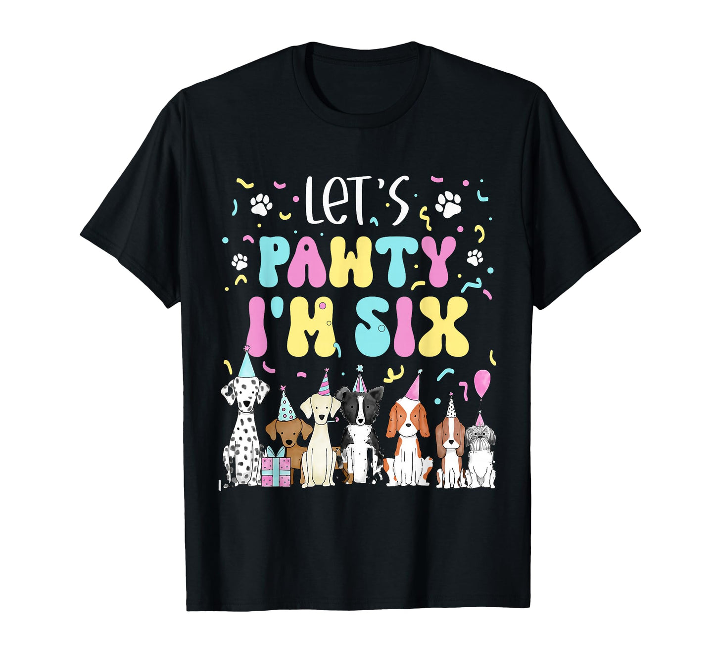Kids Lets Pawty I'm Six Pet Puppy Dog Theme Birthday Party T-Shirt