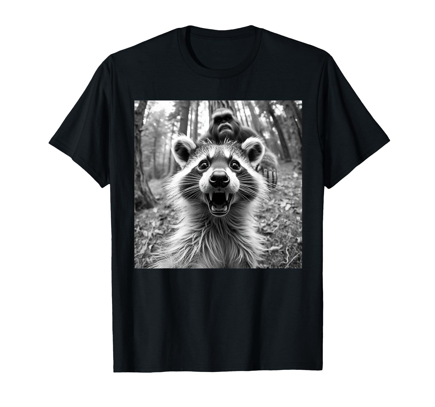 Funny Raccoon Selfie /w Bigfoot, Raccoon-Sasquatch Graphic T-Shirt