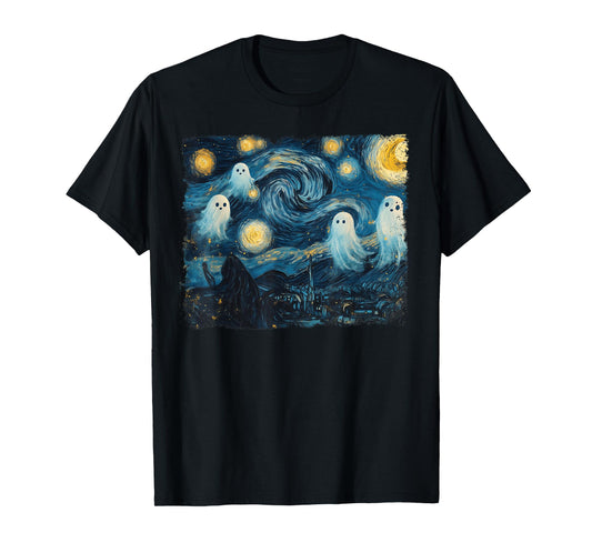 Cute Ghost Starry Night Halloween Spooky Retro Van Gogh Art T-Shirt