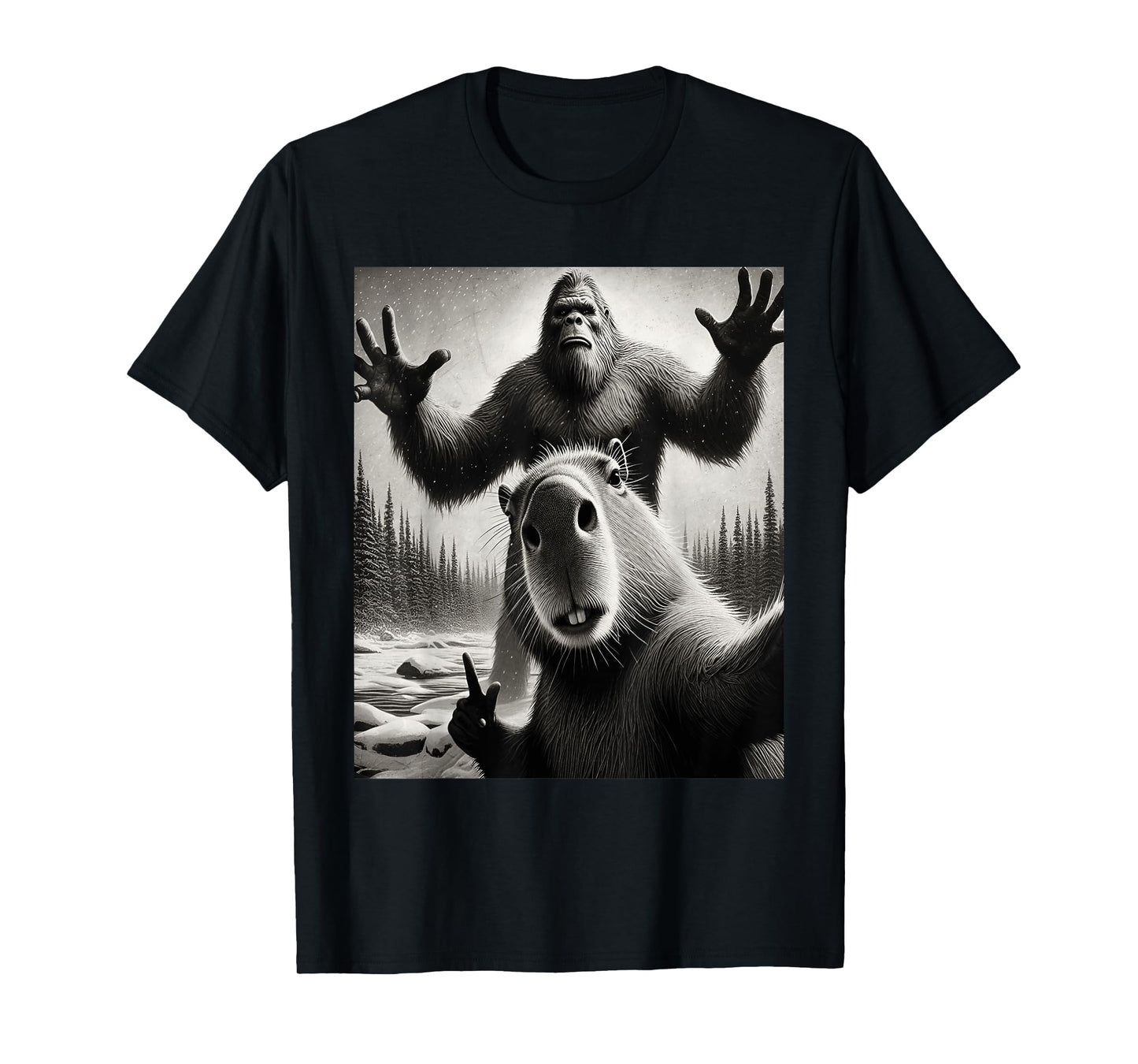 Funny Selfie Capybara Finds Bigfoot Sasquatch Photo T-Shirt