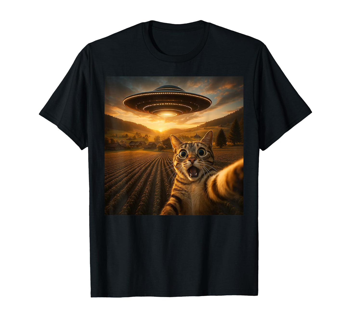 Cat Selfie With Alien UFO Funny Cat Gifts For Men Women Kid T-Shirt