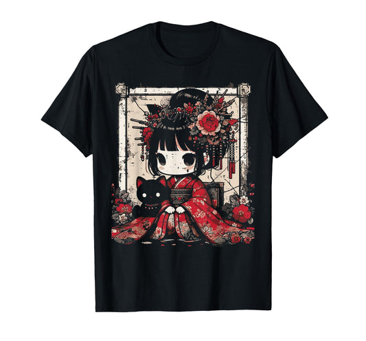 Chibi Kimono Girl Black Cat Flowers Japanese Art Women Kids T-Shirt