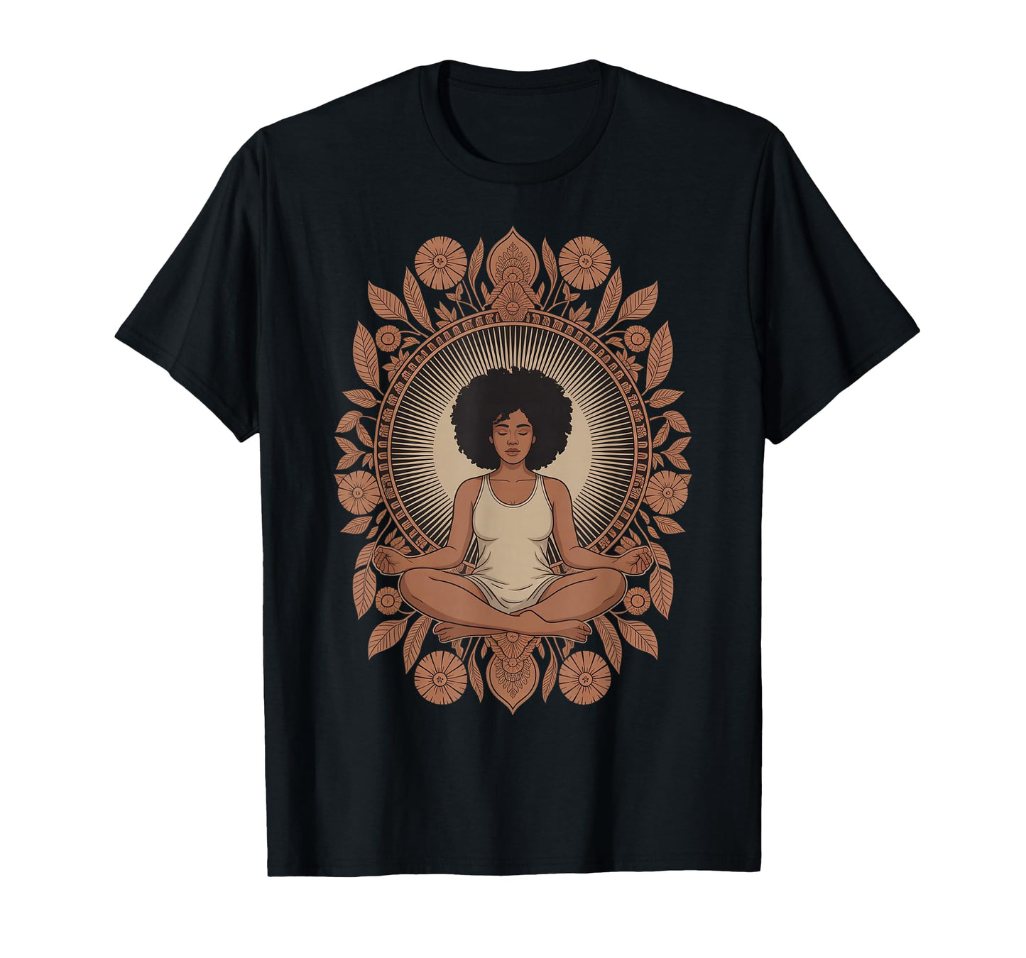 Meditative Black Woman with Floral Mandala T-Shirt