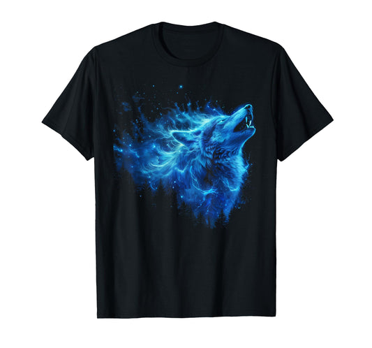 Galaxy Wolf Howling Graphic Electrical Blue Wolf Lovers T-Shirt