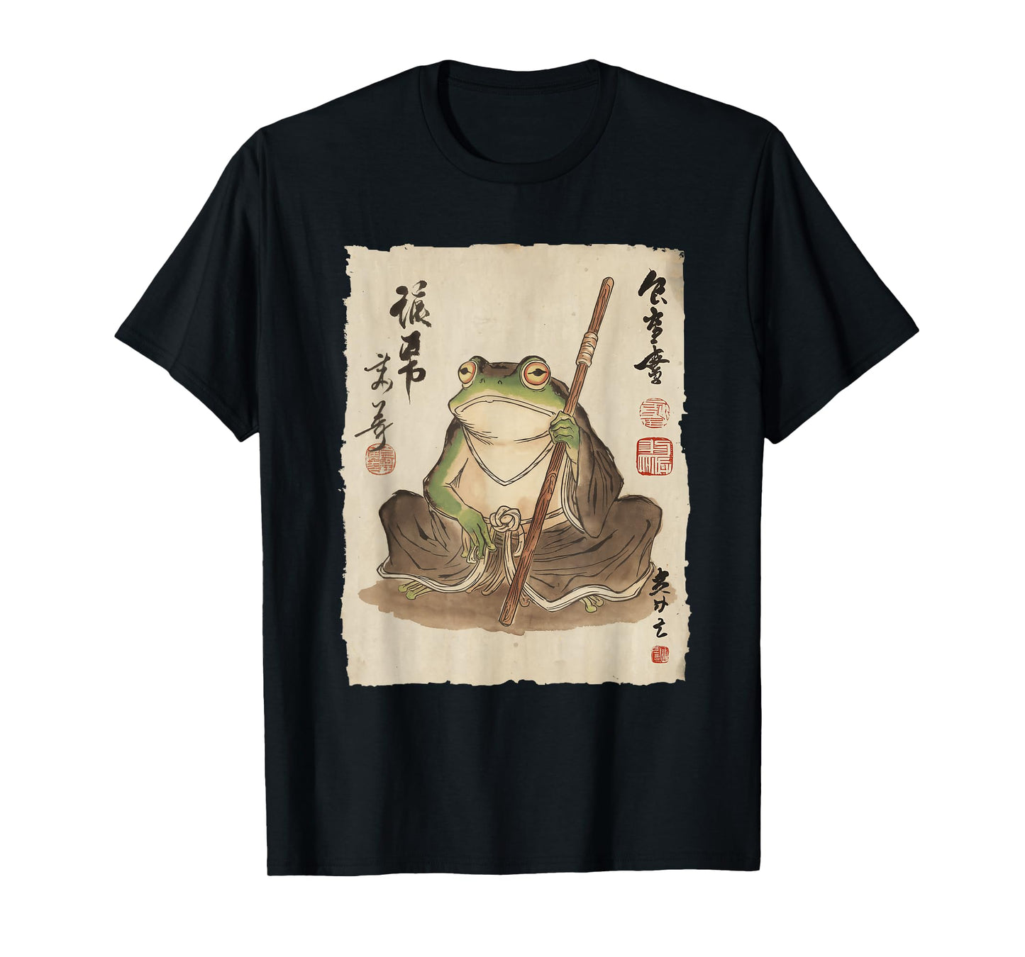 Frog Monk with Staff Japanese Ink Art for Men Women Kids T-Shirt