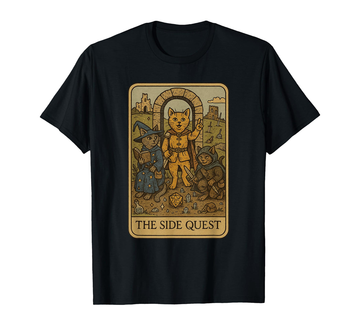 RPG Gamer Cats Funny Side Quest Tarot Card Nerdy Men Women T-Shirt