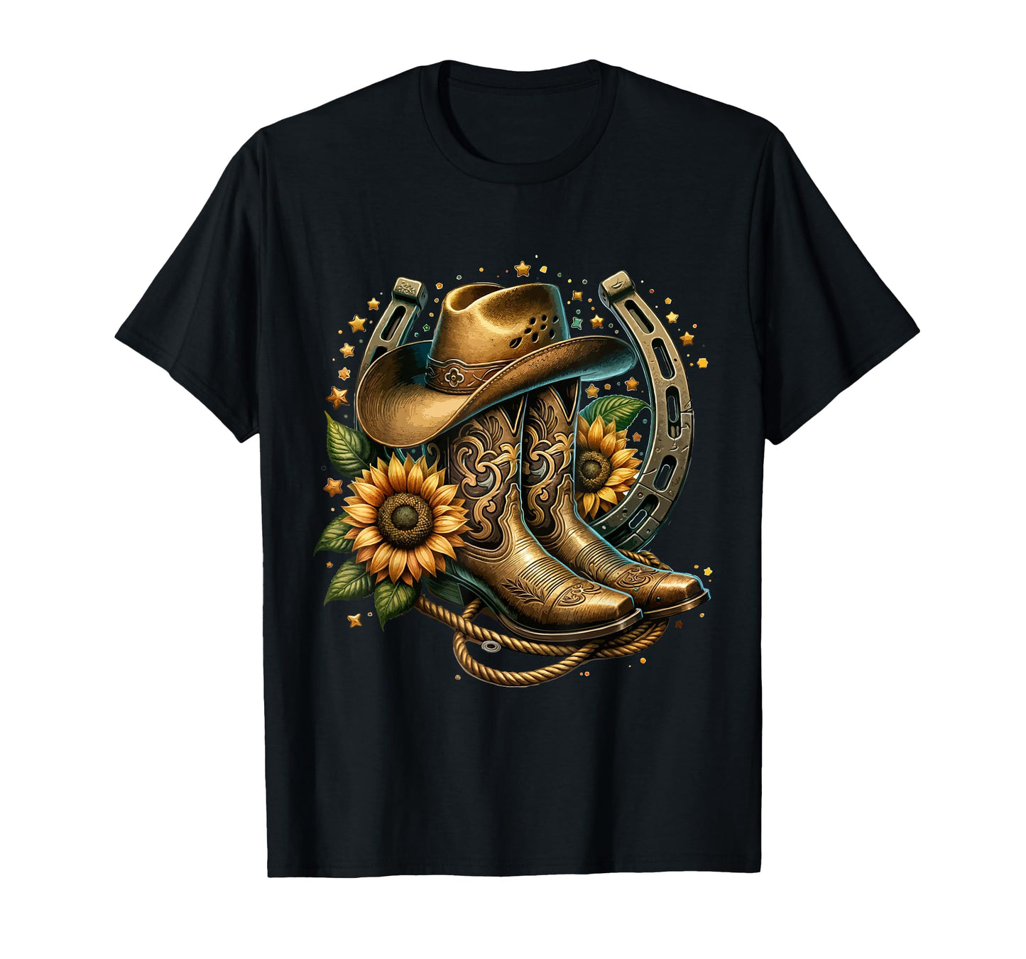 Vintage Rustic Western Country Cowboy Boot Art Tee - Women's Western Themed Floral Boot, Rope & Hat T-Shirt - Black, Small